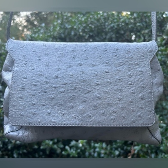 Furla Genuine Leather Pearl Gray Ostrich Embossed Shoulder and Crossbody Bag - Picture 1 of 14